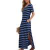 Женское полосатое платье миди с разрезом по бокам и V-образным вырезом с коротким рукавом, повседневное, свободное праздничное платье