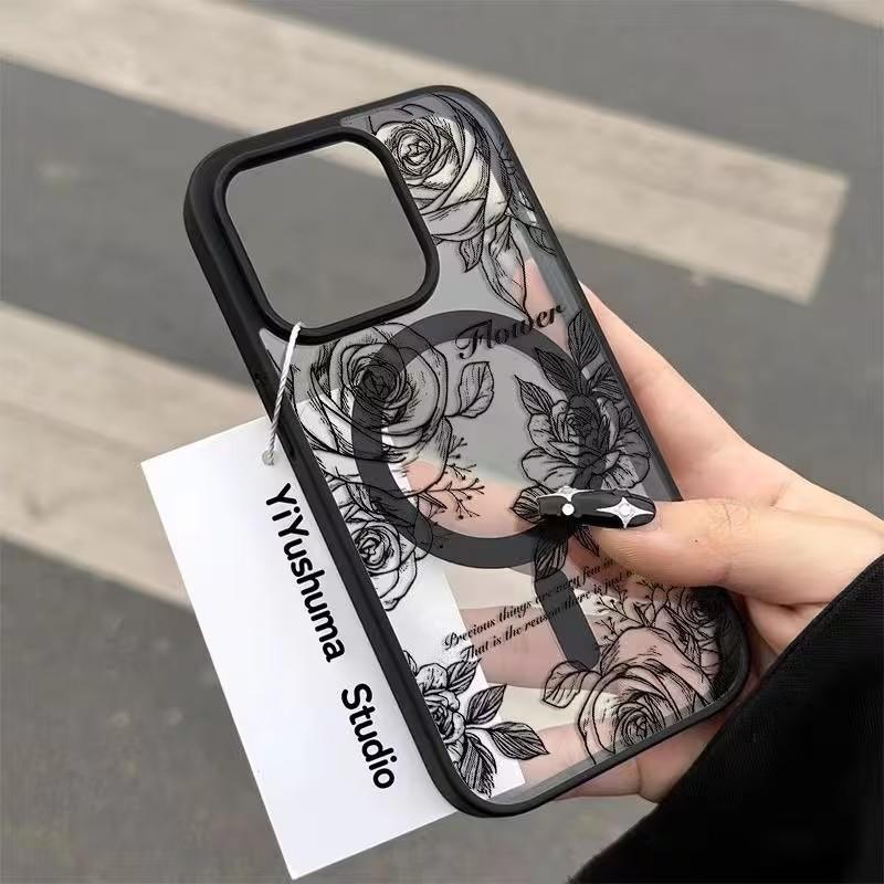 Прозрачный чехол для телефона с цветами черной розы Для iPhone 17 15 14 16 Plus 13 12 11 Pro Max 17 Air Для Magsafe Магнитный Беспроводной Чехол