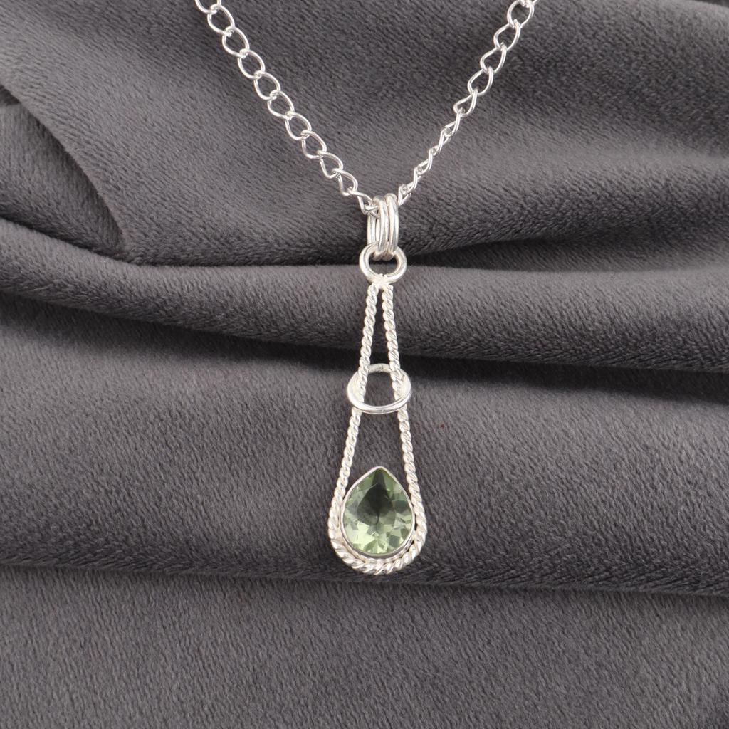 Green Amethyst Gemstone Pendant, 925 Solid Sterling Silver Pendant, Handmade Antique Jewelry, Gift For Mother Day