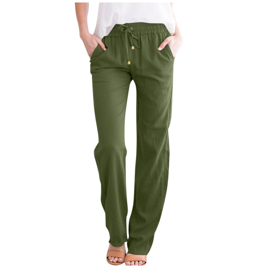 Женские повседневные хлопковые и льняные однотонные длинные прямые брюки с эластичной резинкой на талии