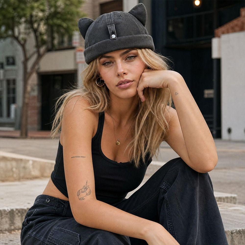 Sun protection Cat Ears Brimless Hat Water Washed Sun Hats Cute Beanie Hat