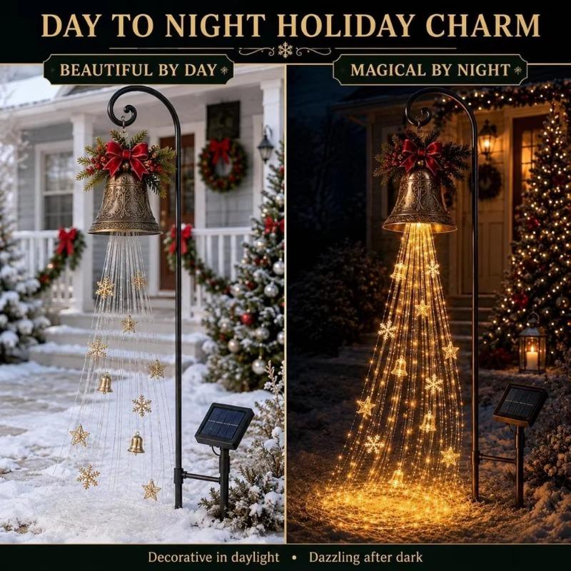 Christmas Bell Cascade Solar Yard Light, Iron Art LED Lamp, Weatherproof Metal Stake Light for Garden Patio Lawn Holiday Xmas Outdoor Decor