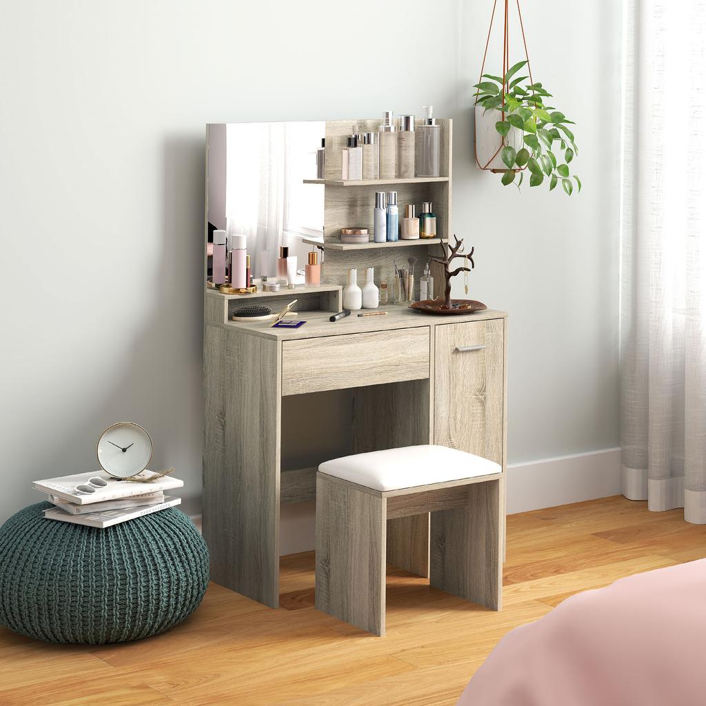 Dressing Table And Stool Set With Storage Wood Effect