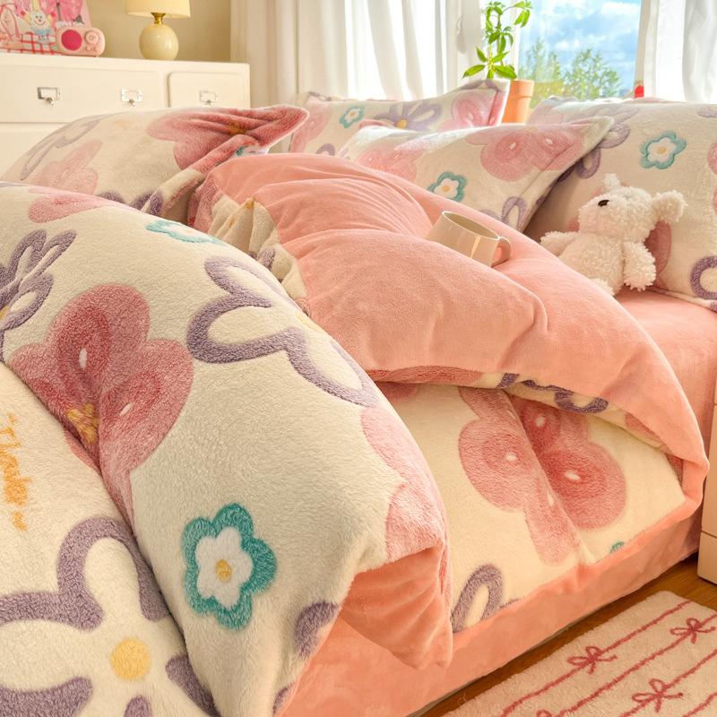 Snowflake Fleece Four-Piece Set, Thickened Milk Coral Fleece Quilt Cover, Double-Sided Fleece Quilt Cover, Bed Sheet, Bed Hat Three-Piece Set
