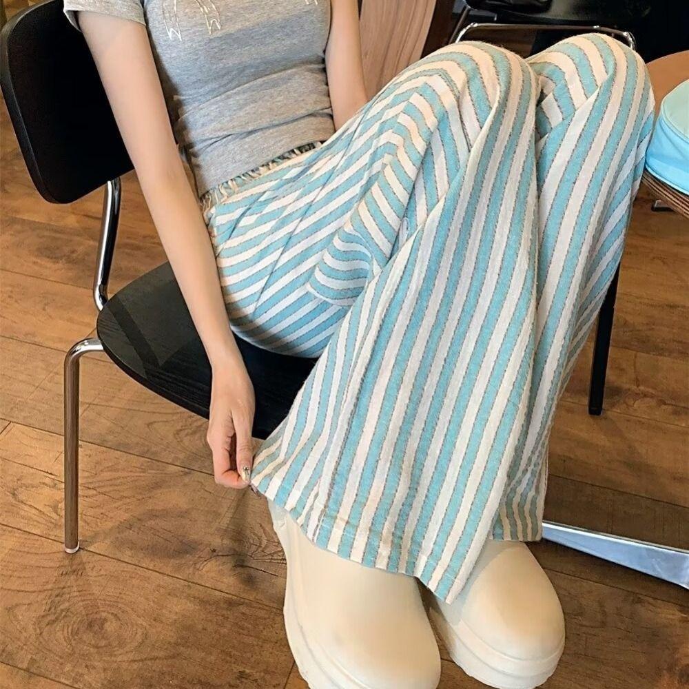 High Waist Wide Leg Pants Chic Straight Leg Pants Fashion Casual Stripe Long Pants Girls