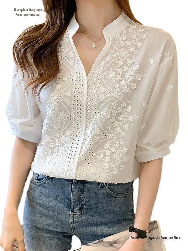 2026 Women's White V-Neck Embroidery Jacquard Lace Puff Sleeve Shirt