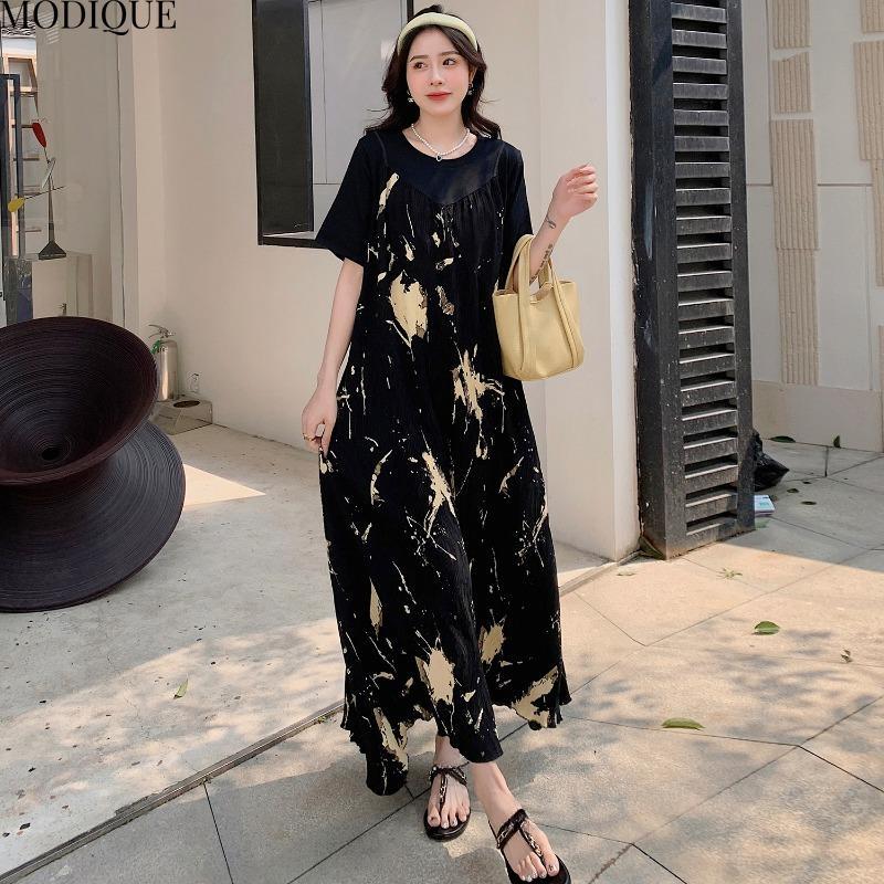 MODIQUE Summer Plus Size New Women Loose Elegant Pleated Floral Slip Mock Two-Piece Long Dress Female Short Sleeve O-Neck Dresses