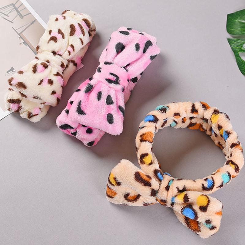 Leopard Makeup Wash Face Headbands for Women Coral Fleece Bow Dot Hairband Turban Knot Elastic Headwrap Girls Hair Accessories