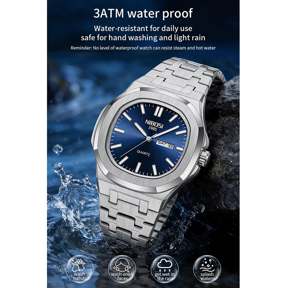 Mens Octagonal Dial Watch Stainless Steel Bracelet Luminous Day Calendar Waterproof Casual Quartz Watch