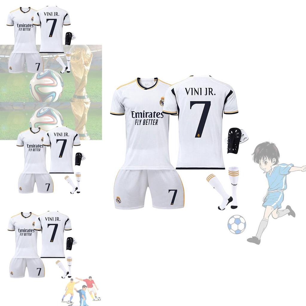 Real Madrid Home 7 Vini.jr Soccer Clothing Set Polyester Material Shirt Pants Socks And Protective Gear Included