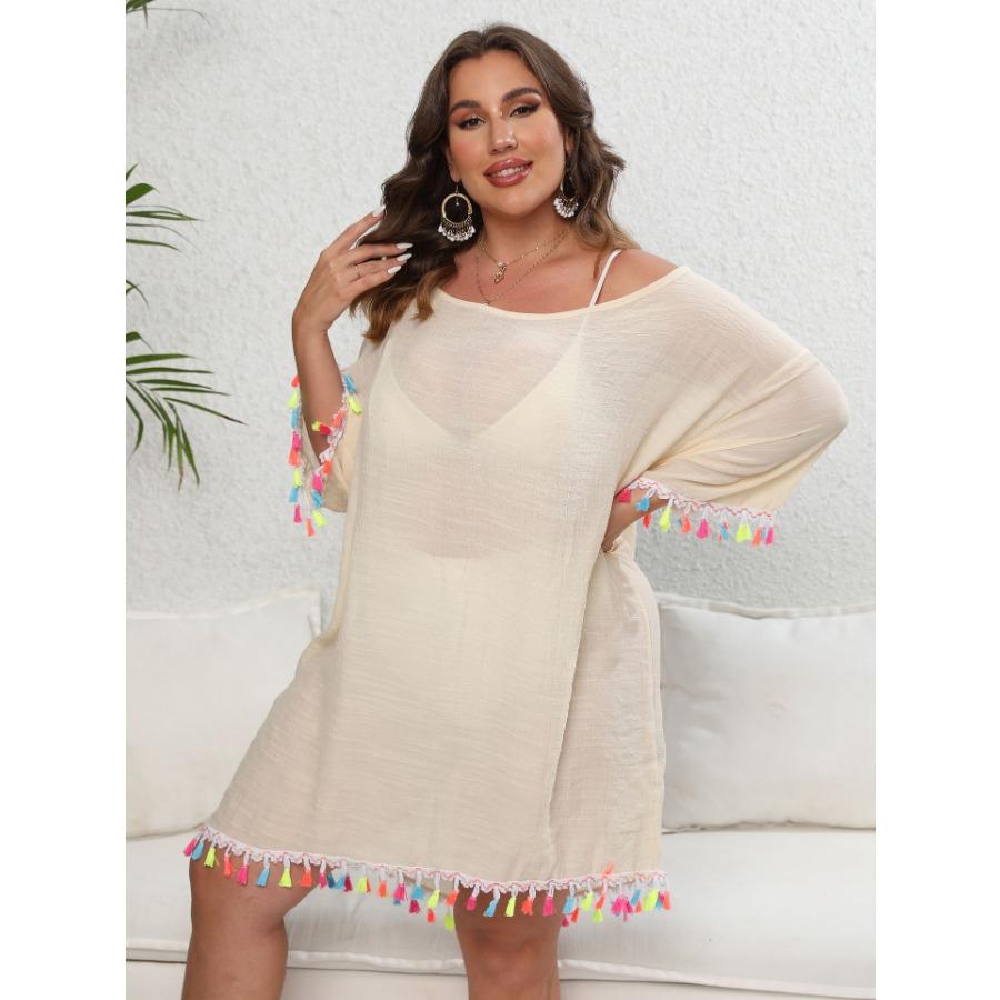 Белое, черное абрикосовое женское платье большого размера с кисточками в стиле пэчворк с разрезом на шее, сексуальное пляжное бикини с открытой спиной и завязками, накидки, платья