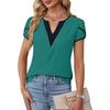 Ladies Summer Split Short Sleeve V Neck Color Block Casual Pullover Blouse Shirt Top