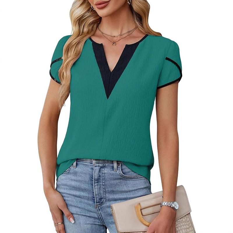 Ladies Summer Split Short Sleeve V Neck Color Block Casual Pullover Blouse Shirt Top