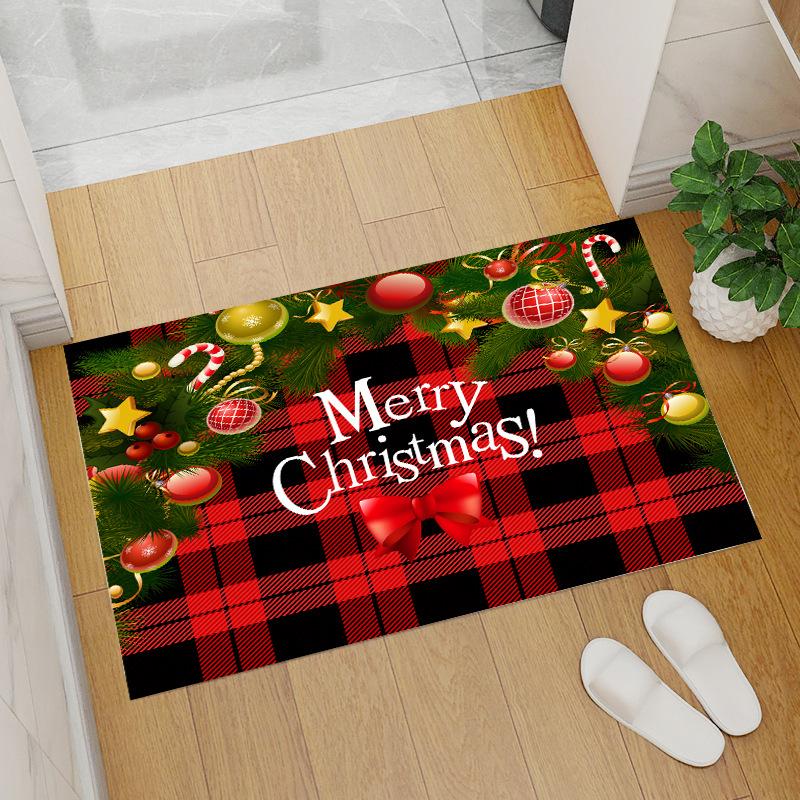 Red Coral Fleece Christmas Floor Mat with Santa Claus and Tree Design