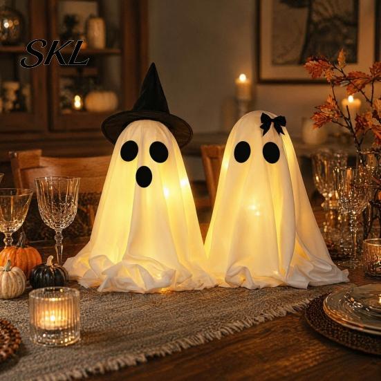 Seasonal Holiday Decor Halloween Ghost Decoration, Light-Up with Witch Hat/Bow, Decoration Spooky Standing for Porch Yard Outdoor Party