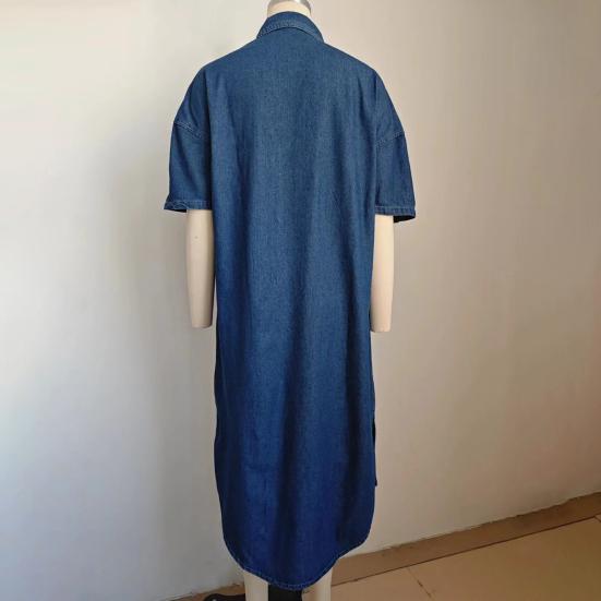 Джинсовое платье для женщин с коротким рукавом, джинсовое платье-рубашка на пуговицах с лацканами, летнее миди-платье-сдвиг с карманами