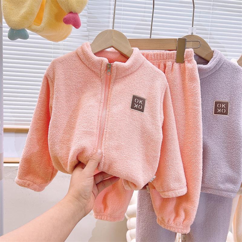 Комплекты Осень Зима Теплые Флисовые Костюмы Кардиган Брюки Наряды Мальчики Девочки Домашняя одежда