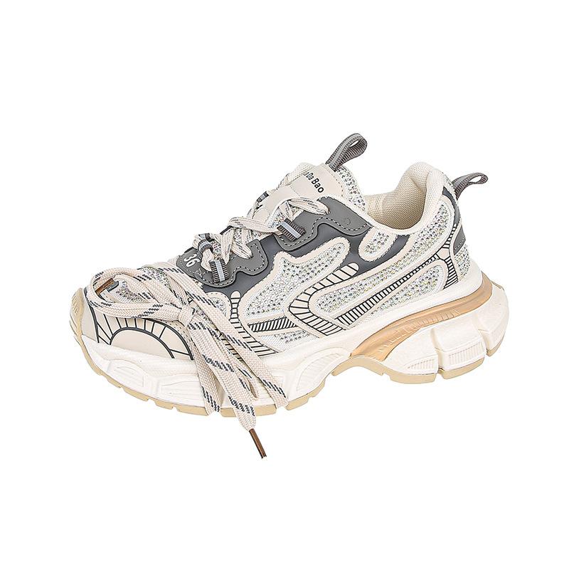 Rhinestone Paris Daddy Shoes Women's Early Autumn New Thick-soled Versatile Lace-up Mesh Breathable Sports Casual Shoes Tide