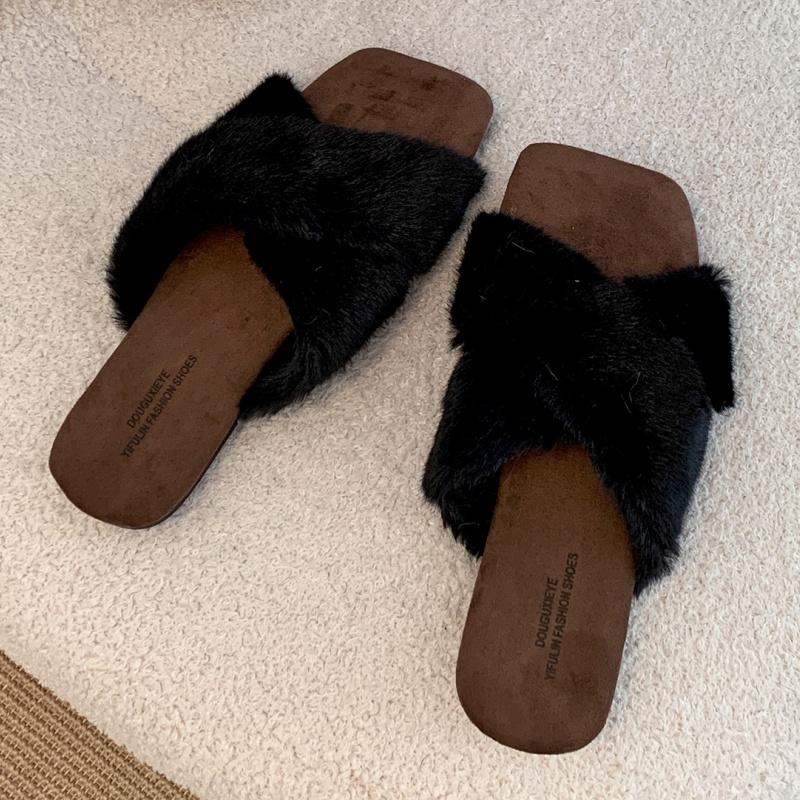 Мода Мода Хлопок Уютное Меховое Платье Женские Плоские Тапочки 2025 Зима Повседневные Дизайнерские Новые Тапочки Для Улицы Удобные Женские Тапочки