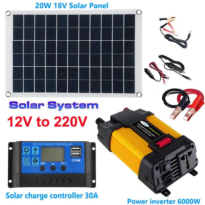 110/220V Solar Power System 20W Solar Panel Battery Charge 30A Controller 6000W Inverter Modified Sine Wave Power Generation Kit