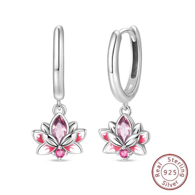 New 925 Silver Bee Butterfly Pink Lily Lotus Earrings For Women Cherry Strawberry Ear Studs Elegant Party Jewelry