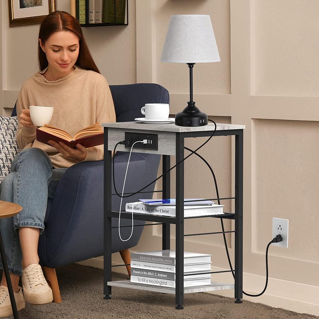 3-Tier Nightstands with Charging Station, End Side Table Bedside Table Furniture