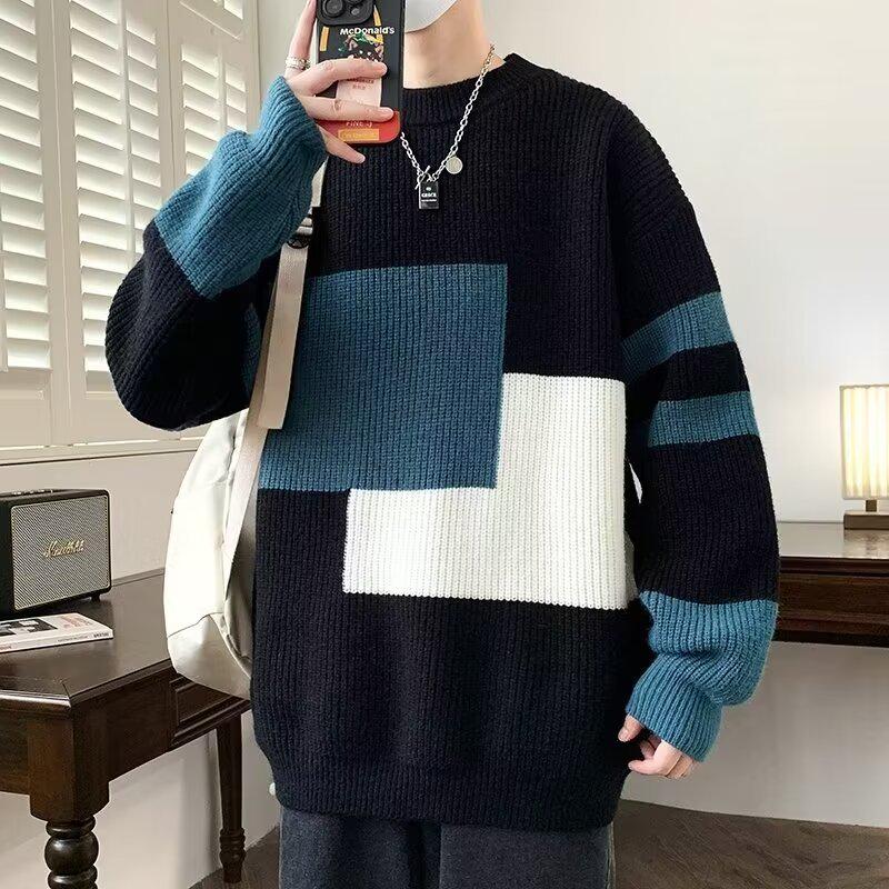 Мужской модный осенне-зимний вязаный свитер свободного кроя с цветными блоками