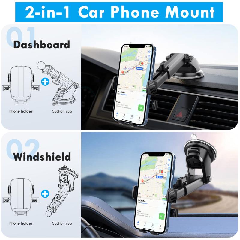 Car Phone Holder Dashboard Windshield Suction Mount Telescopic Arm Auto-Lock 360° Swivel Cradle for iPhone Samsung GPS