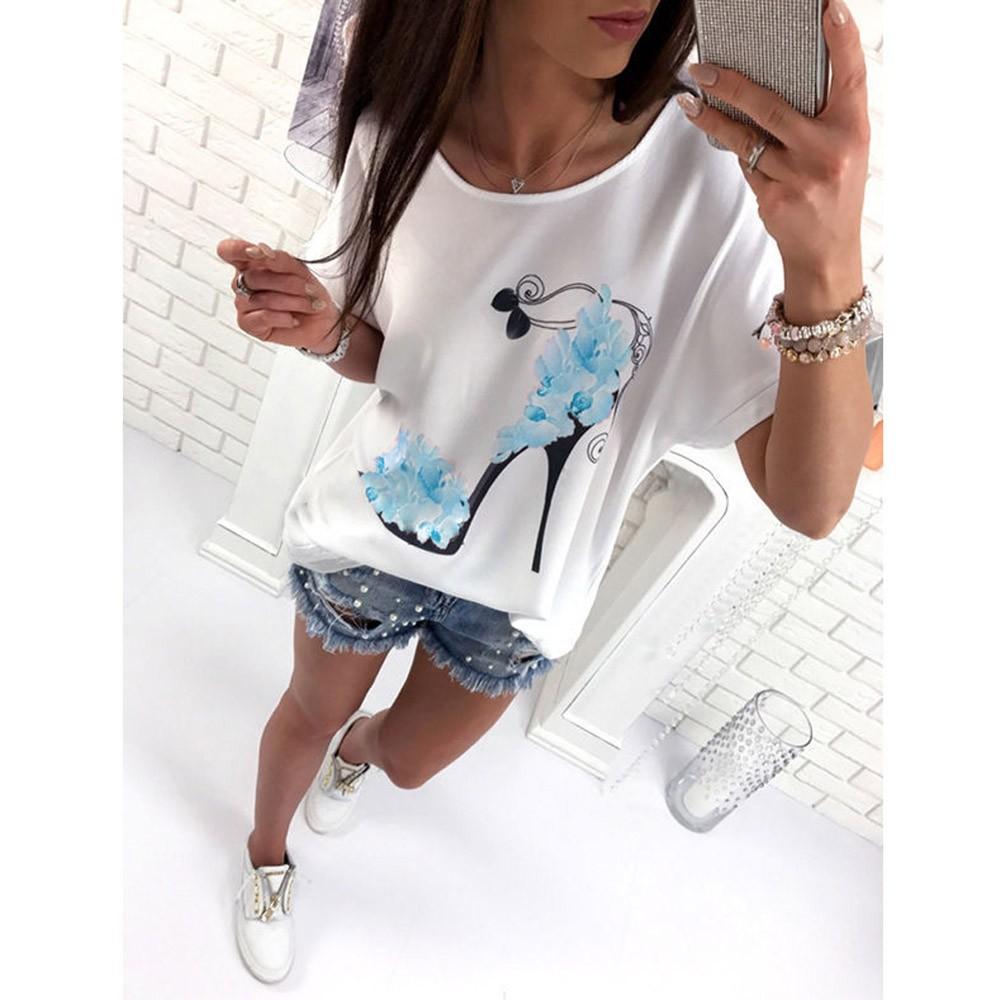 Women's Loose T-shirt Sleeves High Heels Printed T-shirt Short-sleeved Top