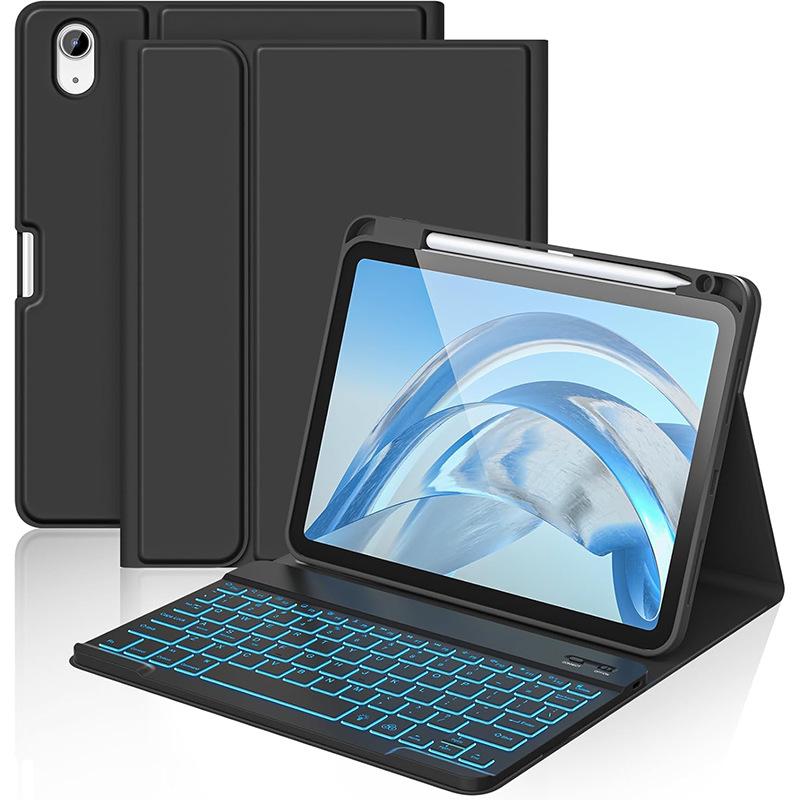Совместимо с iPad A16 11-го поколения / 10-го поколения 10,9 дюйма: Семицветная Bluetooth-клавиатура с подсветкой в кожаном чехле.
