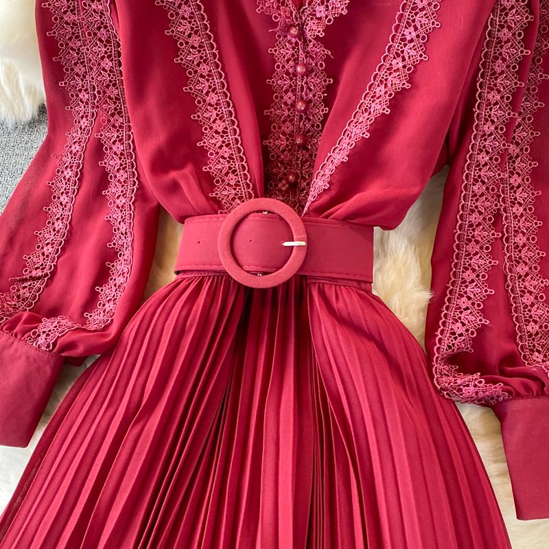 RUGOD Плиссированное платье с v-образным вырезом и вышивкой на талии в этническом стиле, темпераментное большое распашное платье