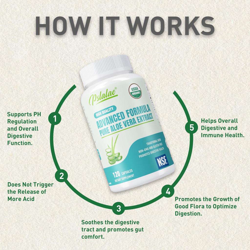 Organic aloe vera capsules, support gut health, immune health, suitable for both men and women.