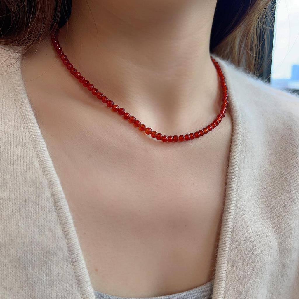 Natural Red Agate Beaded Necklace Women Vintage Round Carnelian Choker Necklaces Elegant Daily Wear Jewelry