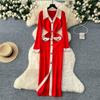 Autumn Winter Women Elegant Color Blocking Single Breasted Knitted Sweater Long Maxi Slim Bodycon Party Dresses