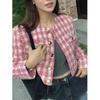 Plaid Short Jackets for Women Autumn Winter New Fashion Button Up Vintage Coats Casual Cotton Padded O Neck Long Sleeve Jackets