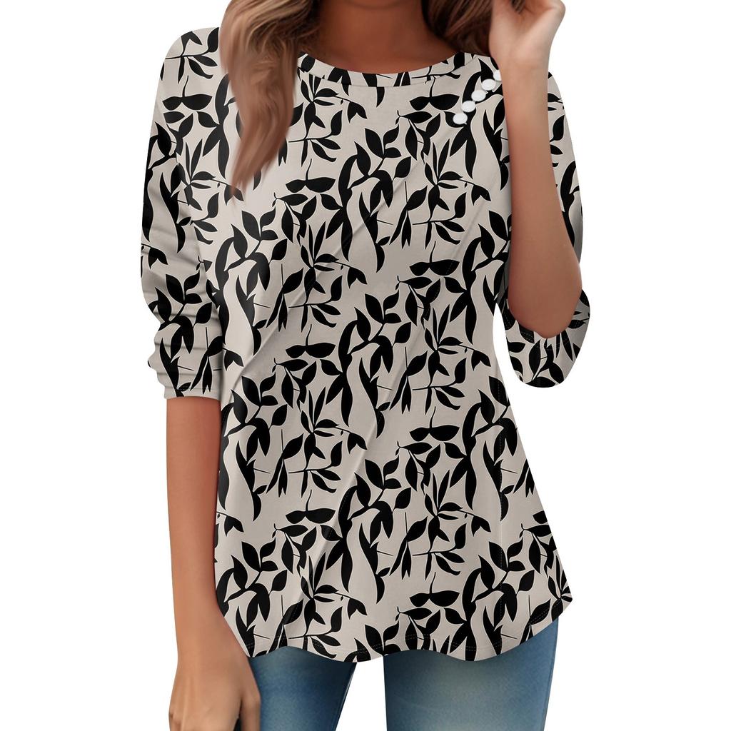 Women's Loose Casual Long Sleeve Top Round Neck Button Pull Stripe Prints T Shirt