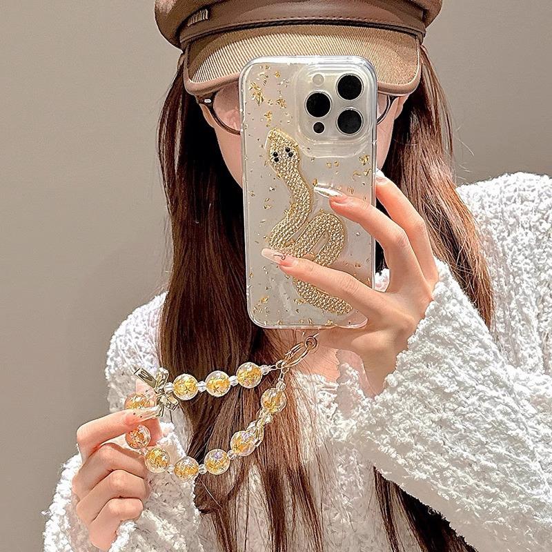 Капельный клей Прозрачный 3D-чехол с блестками из золотой фольги в виде змеи для iPhone 16, 15, 14 Plus, 13, 12, 11 Pro Max, блестящий чехол со стразами