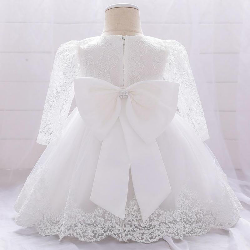 Платья для маленьких девочек Вечерние и свадебные кружевные платья с длинными рукавами и большим бантом для новорожденных девочек, платье принцессы на первый день рождения для девочек