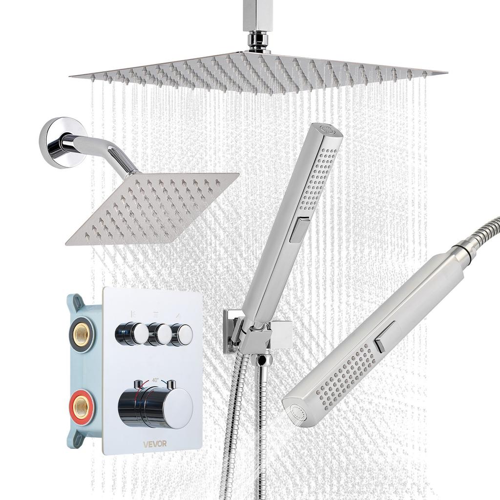 VEVOR Shower Faucet Set, 305 mm Thermostatic Ceiling Mount Rainfall Shower System with 152 mm Wall Mount Head and 2 in 1 Handheld Spray