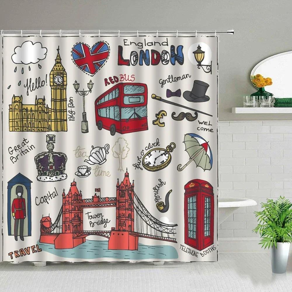 London Big Ben Shower Curtain European Style Red Tram Telephone Hall Scenery Old Newspaper Bath Screen Bathroom Curtain Box