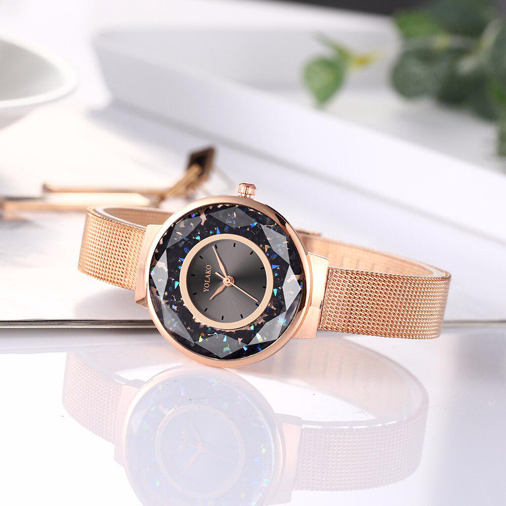 Женские кварцевые наручные часы с сетчатым ремешком из нержавеющей стали с движущимися бриллиантами Роскошные женские часы Наручные часы YOLAKO Женские подарочные часы