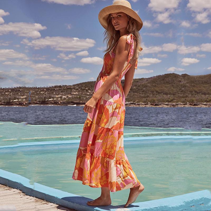 Длинное платье на бретельках с цветочным принтом для женщин с квадратным вырезом и высокой талией, платье макси без рукавов, летние каникулы, пляжное длинное платье, дышащее тонкое мягкое удобное платье