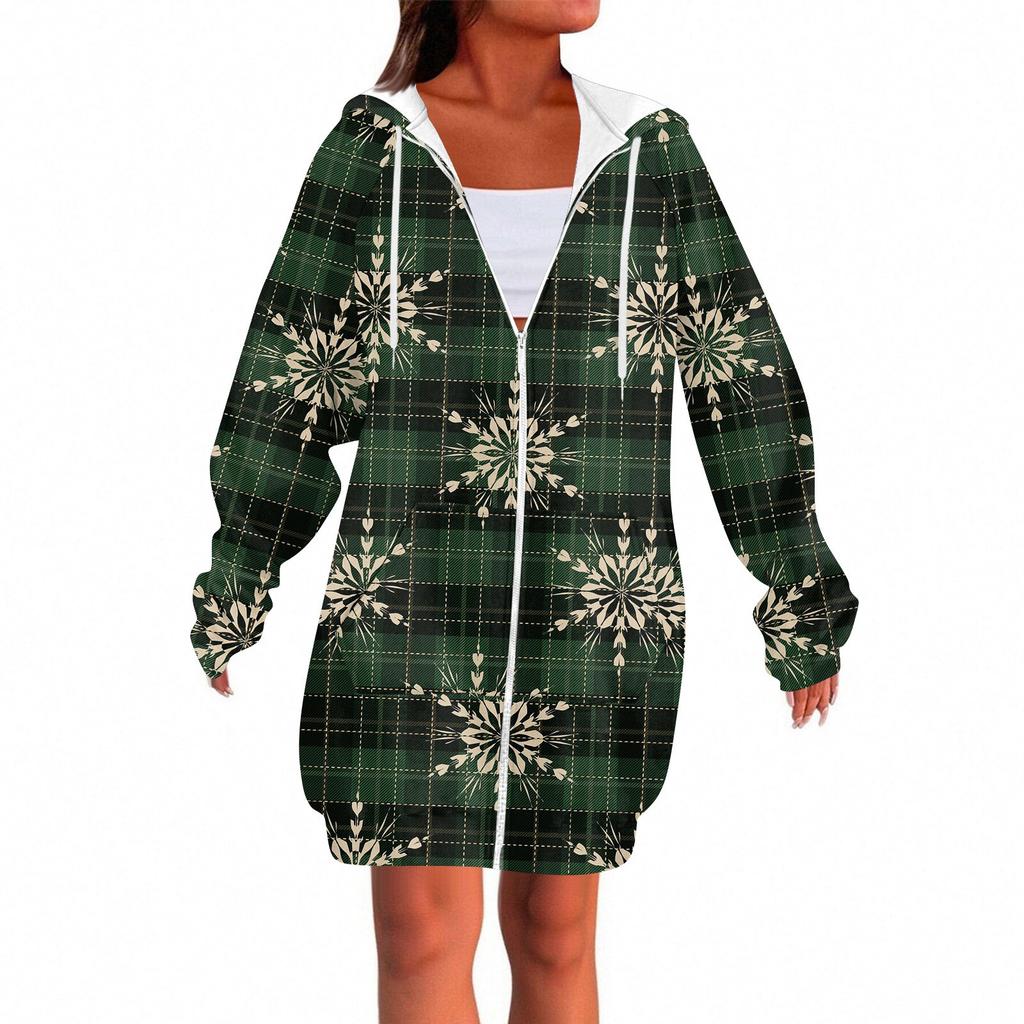 Women's Fashionable Christmas Printed Long Sleeved Drawstring Hooded Zipper Pocket Long Casual Sweatshirt Jacket