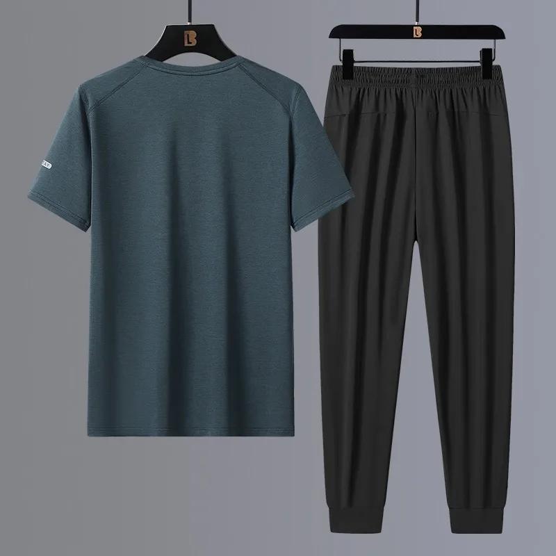 Новая летняя футболка, быстросохнущая ткань, мужские спортивные штаны из ледяного шелка для отдыха, комплект из двух предметов