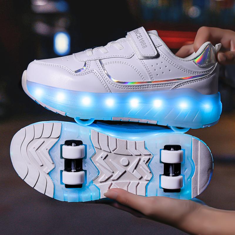 Kid's Lights Sports Shoes Rubbing Shoes Solid Magic Patch Can Charging Double-row Four-wheel Slide Shoes