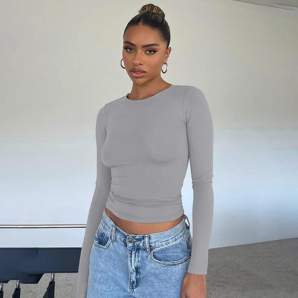 Женская одежда с круглым вырезом, уличная одежда, тонкие дышащие футболки с длинными рукавами, облегающие укороченные топы с подкладкой, сплошной цвет