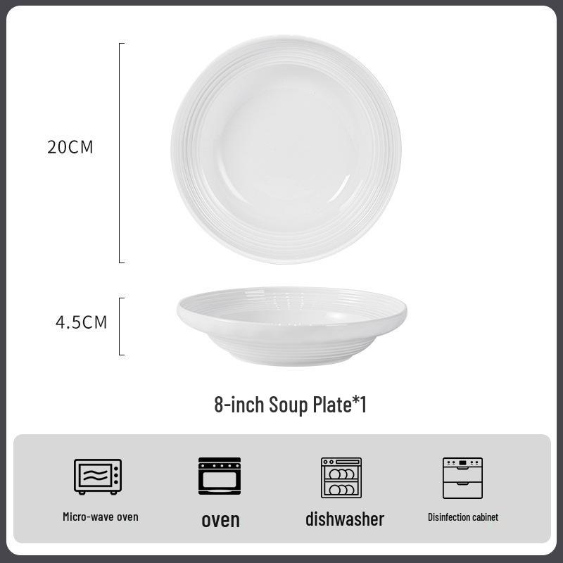 Ribbed Underglaze White Ceramic Tableware Set: Includes Plates, Chopsticks, Soup, Noodle, and Rice Bowls
