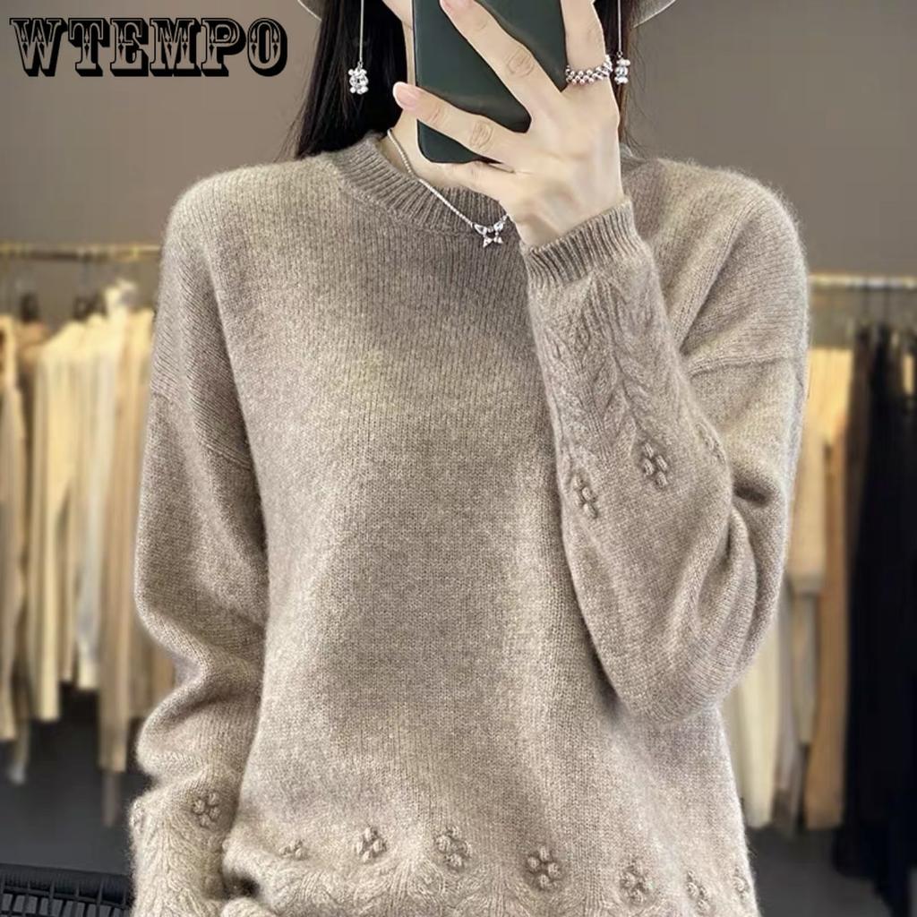 Autumn and Winter Round Neck Sweater for Women Solid Color Loose Jacquard Soft Glutinous Knitted Base Sweater and Pullover