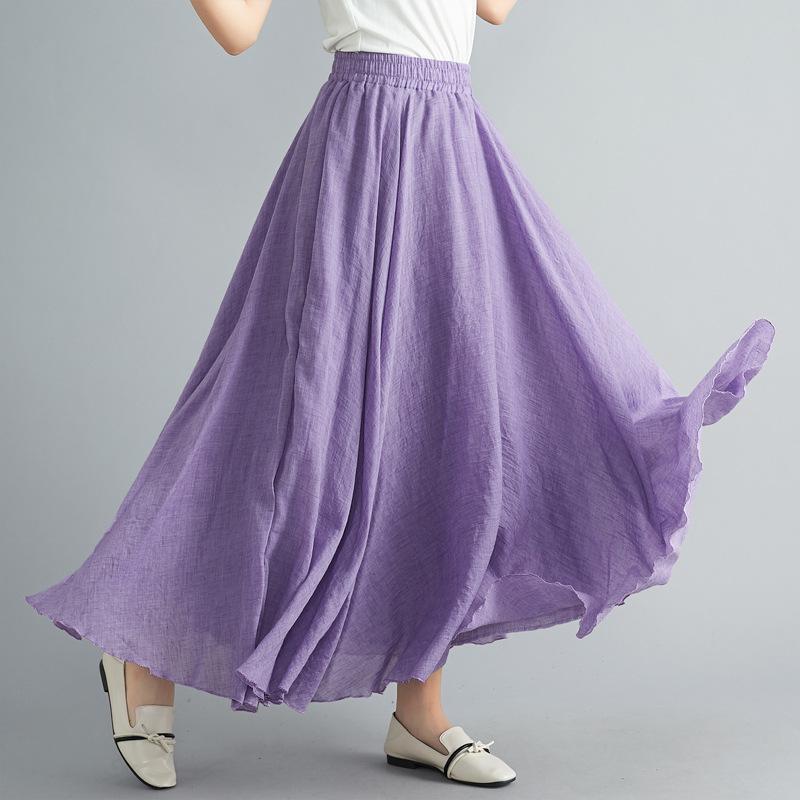 Mori Girl Plus Size Cotton Linen Midi Skirt - Elastic Waist, A-line, Solid Color, Ethnic Style, Long Length
