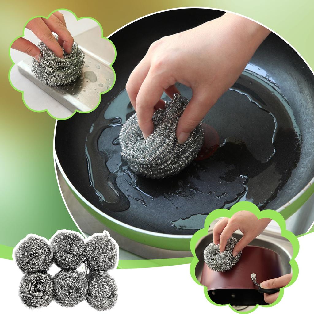 6PCs Stainless Steel Sponges Scrubbing Scouring Pad Steel Wire Ball Scrubbers